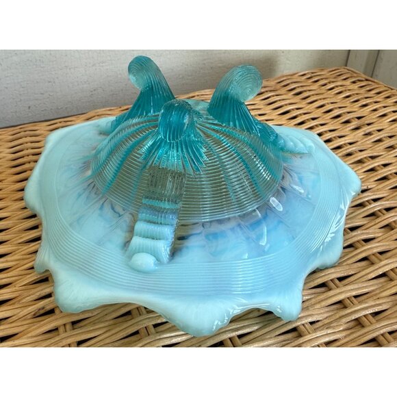 Vintage 50's Northwood Glass Klondyke Blue Opalescent Footed Candy/trinket Dish - Picture 9 of 9